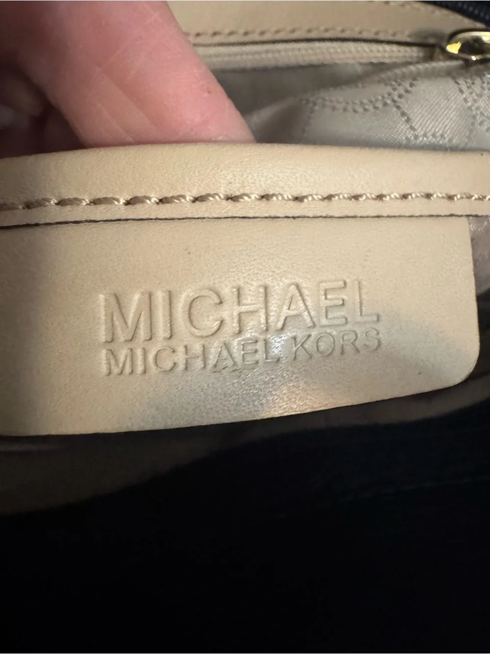 Michael Kors Navy Leather Tote with Beige Straps and Gold Hardware